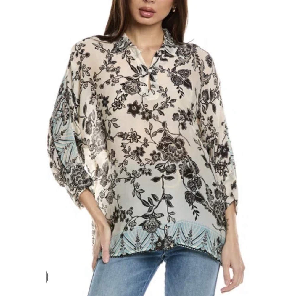 Johnny Was Women Size Medium Marlow Vassilia Floral Drop Sleeve Blouse Sheer